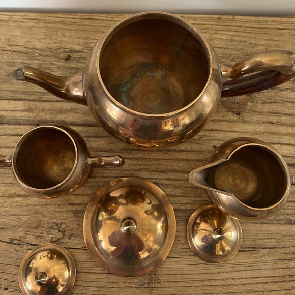 Vintage 3 Piece Taiwan Brass with Wooden Handle Hollywood Regency Tea Set - Picture 6 of 12